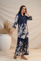 Royal Blue Floral Premium 2 Pcs Co-ord Set
