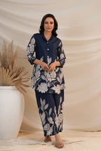 Royal Blue Floral Premium 2 Pcs Co-ord Set