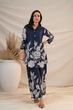 Royal Blue Floral Premium 2 Pcs Co-ord Set