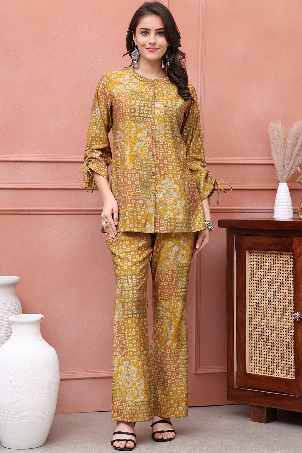 Mustard Abstract Premium 2 Pcs Co-Ord Set for Women