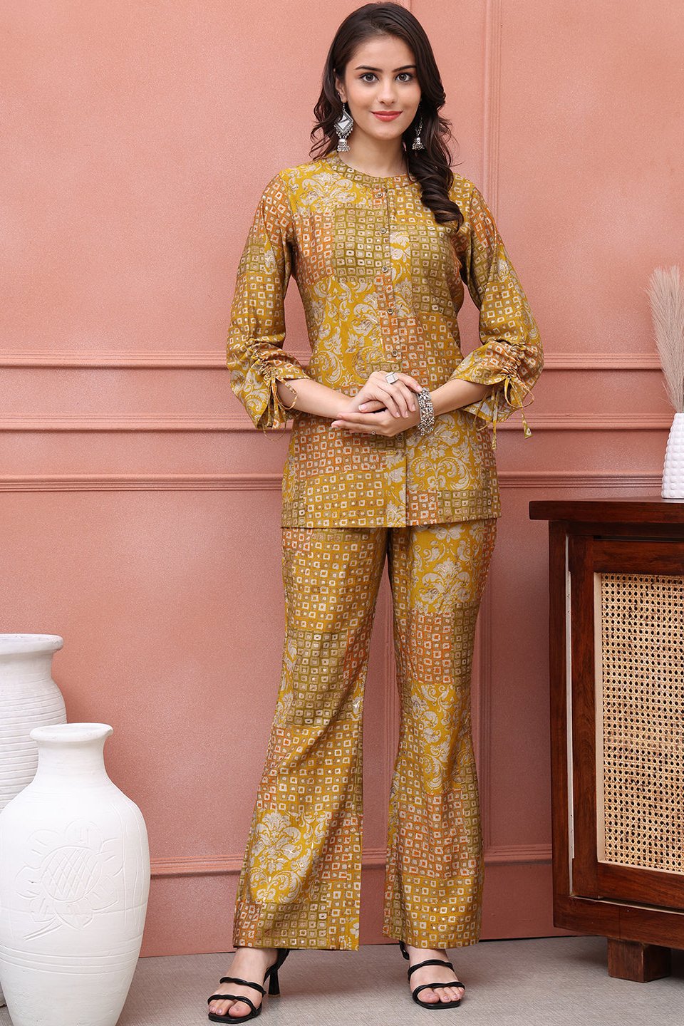 Mustard Abstract Premium 2 Pcs Co-Ord Set for Women