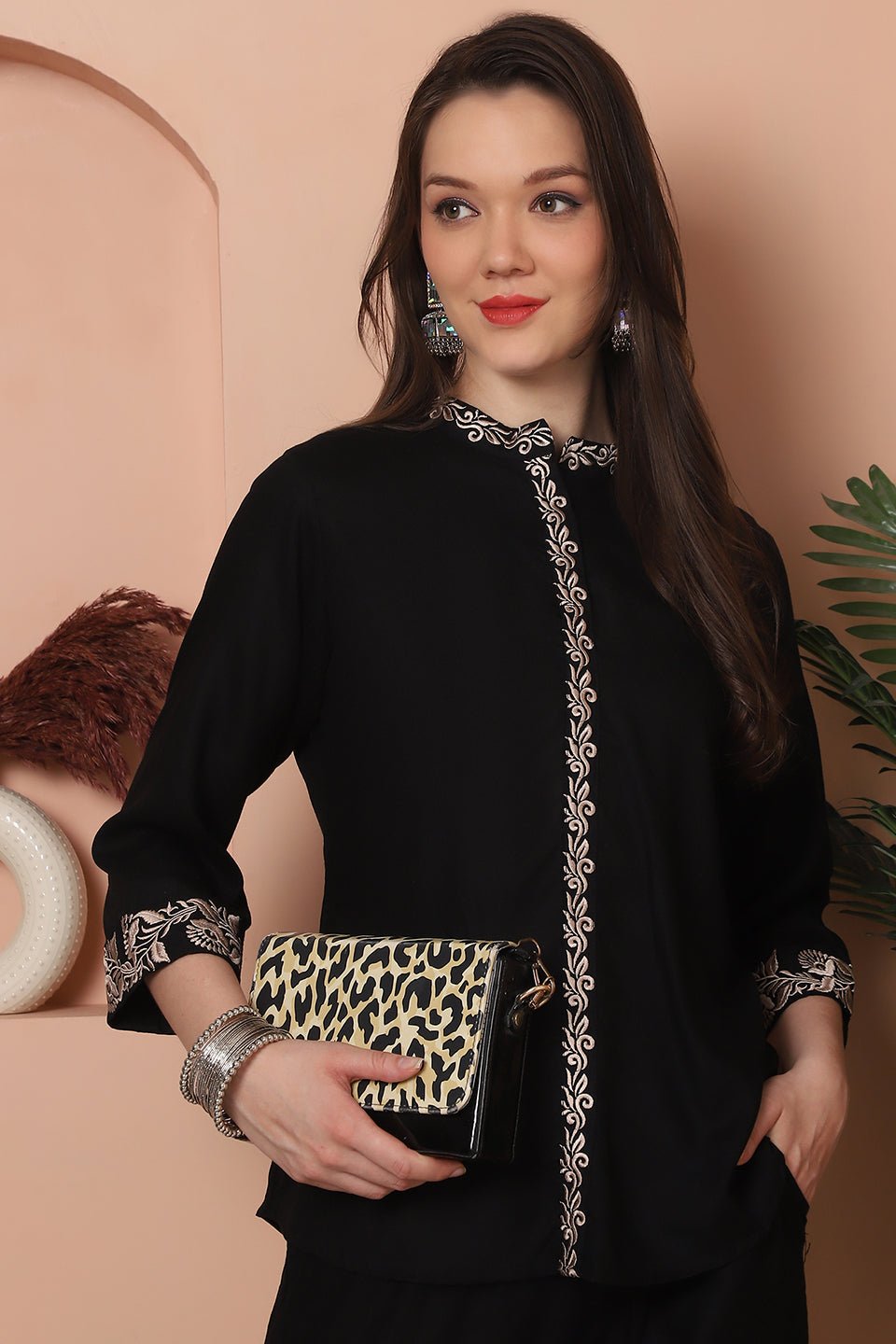 Black Floral Embroidered 2 Pcs Co-Ord Set for Women