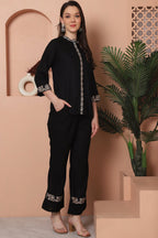 Black Floral Embroidered 2 Pcs Co-Ord Set for Women