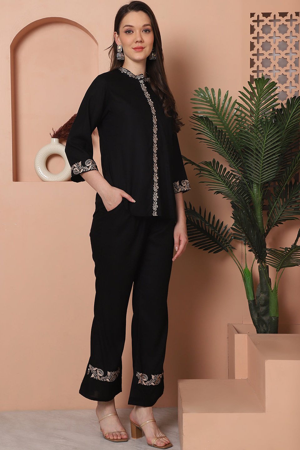 Black Floral Embroidered 2 Pcs Co-Ord Set for Women