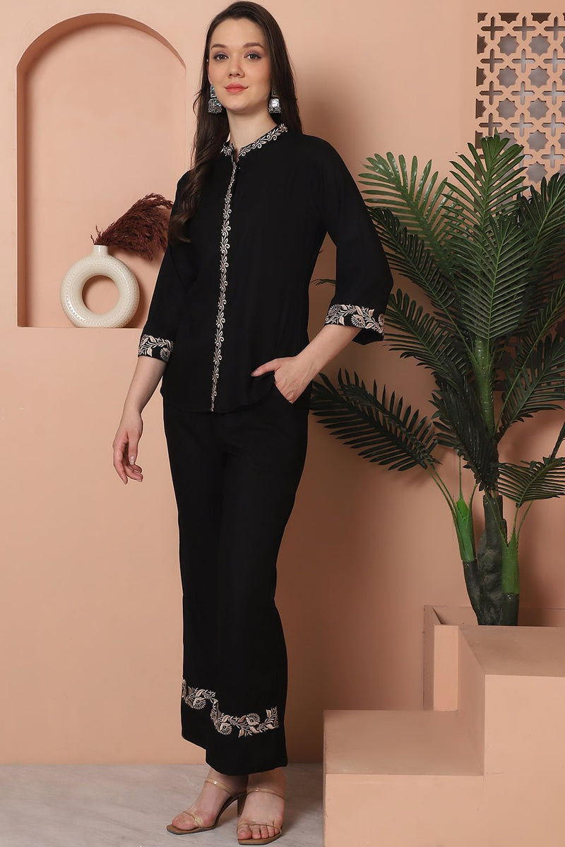 Black Floral Embroidered 2 Pcs Co-Ord Set for Women