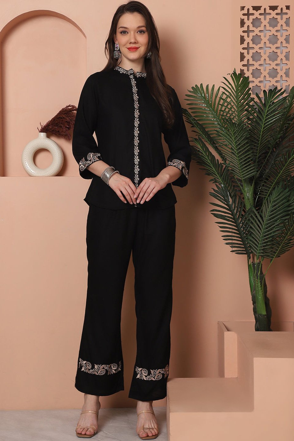 Black Floral Embroidered 2 Pcs Co-Ord Set for Women