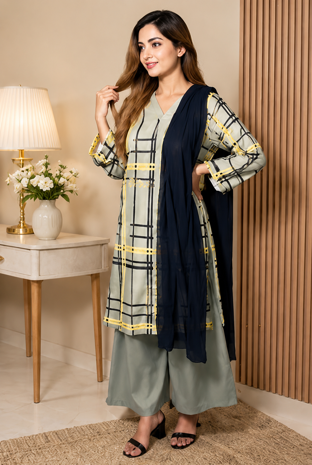Sage Grid set 2 Pcs Co-ord Set Stitched