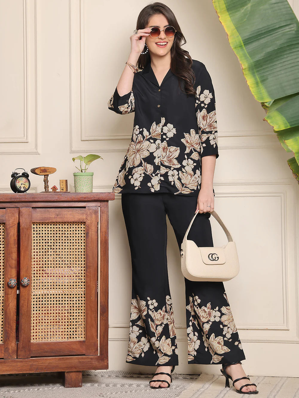 Black Floral Printed Premium Chanderi Co-Ord Set for Women Secondary image