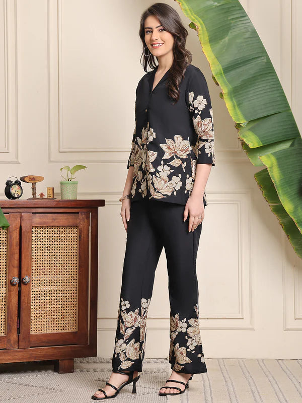 Black Floral Printed Premium Chanderi Co-Ord Set for Women