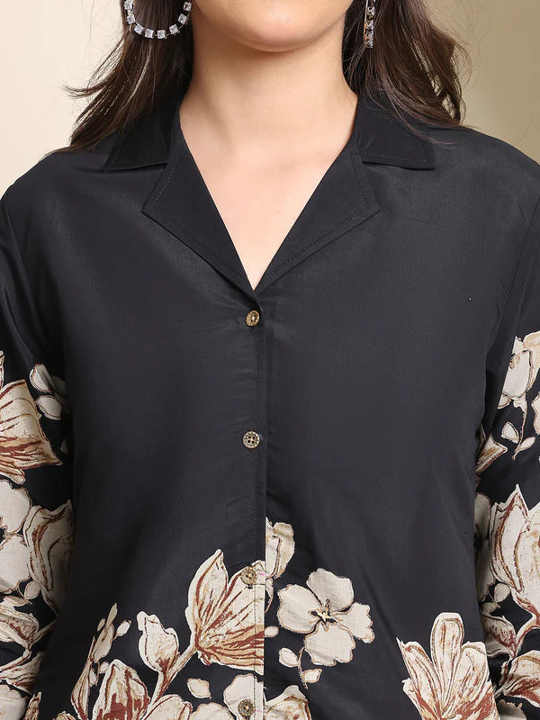 Black Floral Printed Premium Chanderi Co-Ord Set for Women