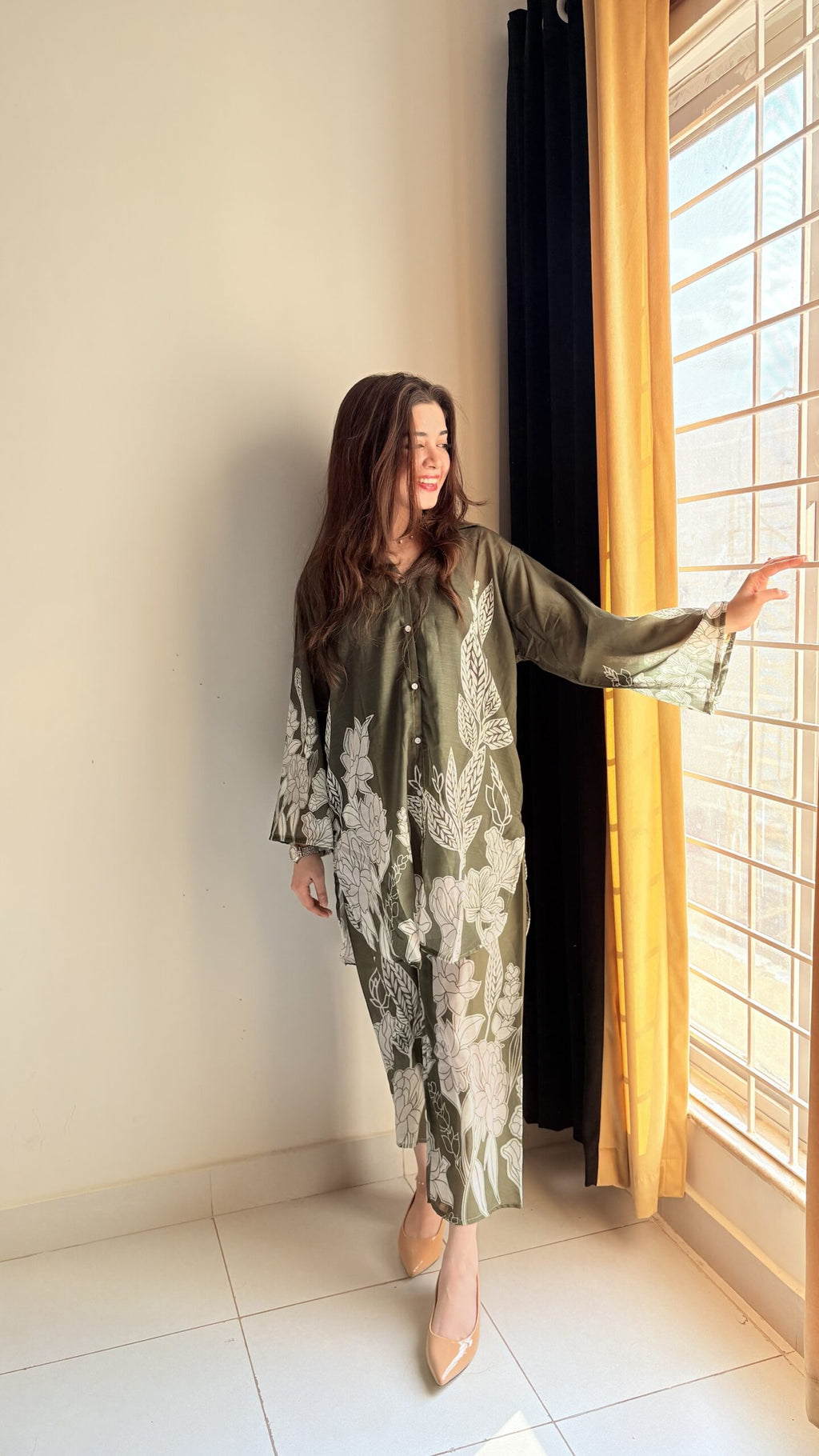 Olive Green Floral Premium 2 Pcs Co-ord Set