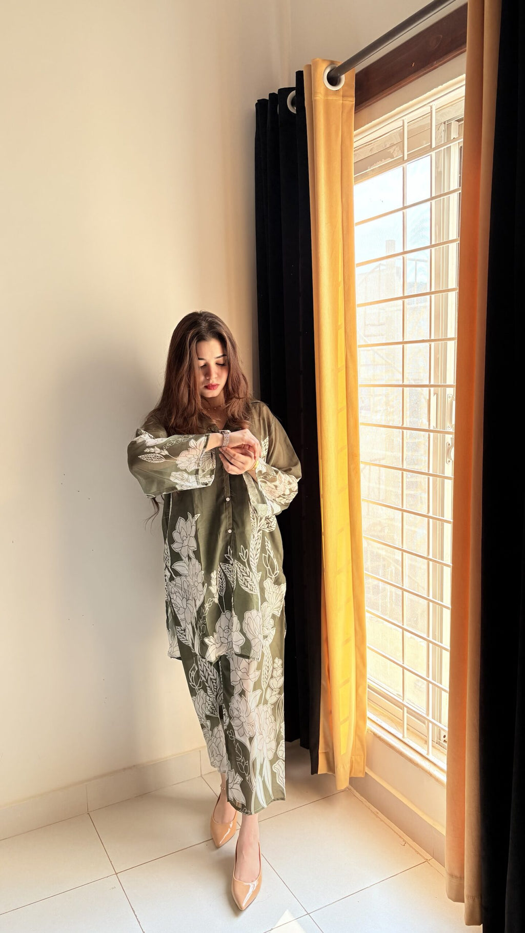 Olive Green Floral Premium 2 Pcs Co-ord Set
