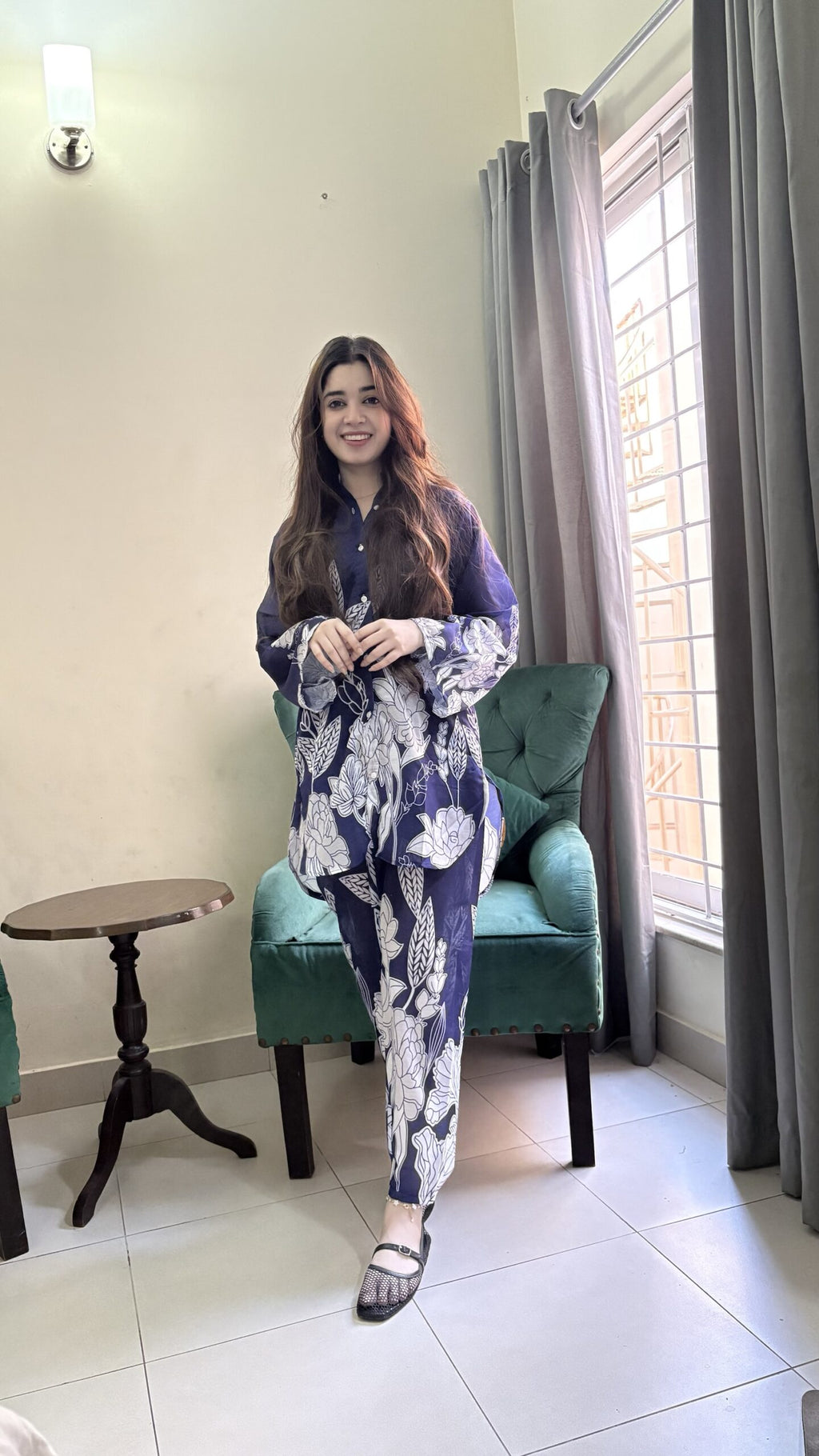 Royal Blue Floral Premium 2 Pcs Co-ord Set