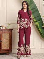 Wine Floral Printed Premium Chanderi Co-Ord Set for Women
