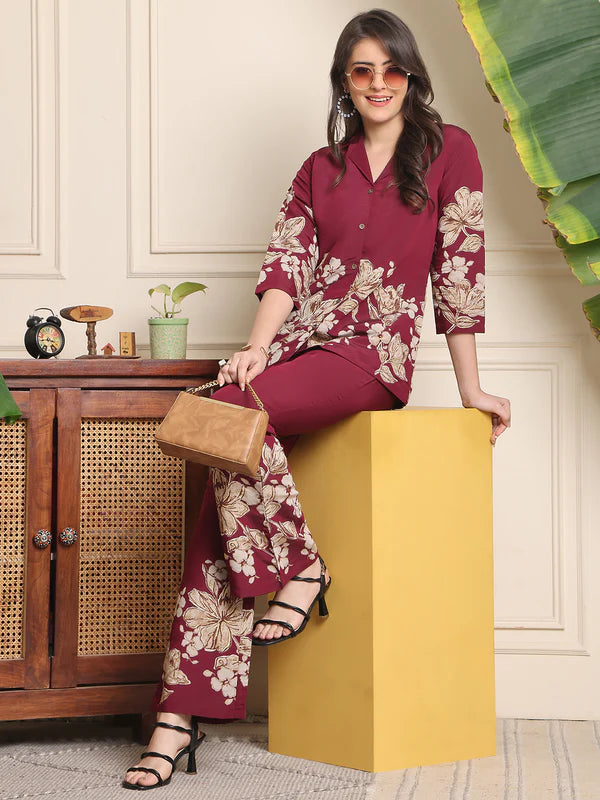 Wine Floral Printed Premium Chanderi Co-Ord Set for Women