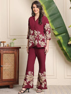 Wine Floral Printed Premium Chanderi Co-Ord Set for Women