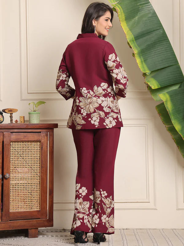 Wine Floral Printed Premium Chanderi Co-Ord Set for Women