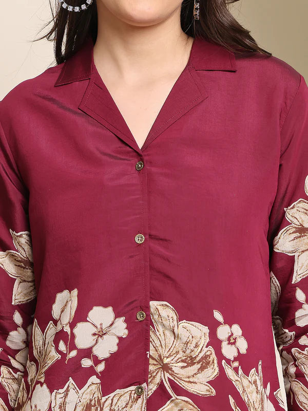 Wine Floral Printed Premium Chanderi Co-Ord Set for Women